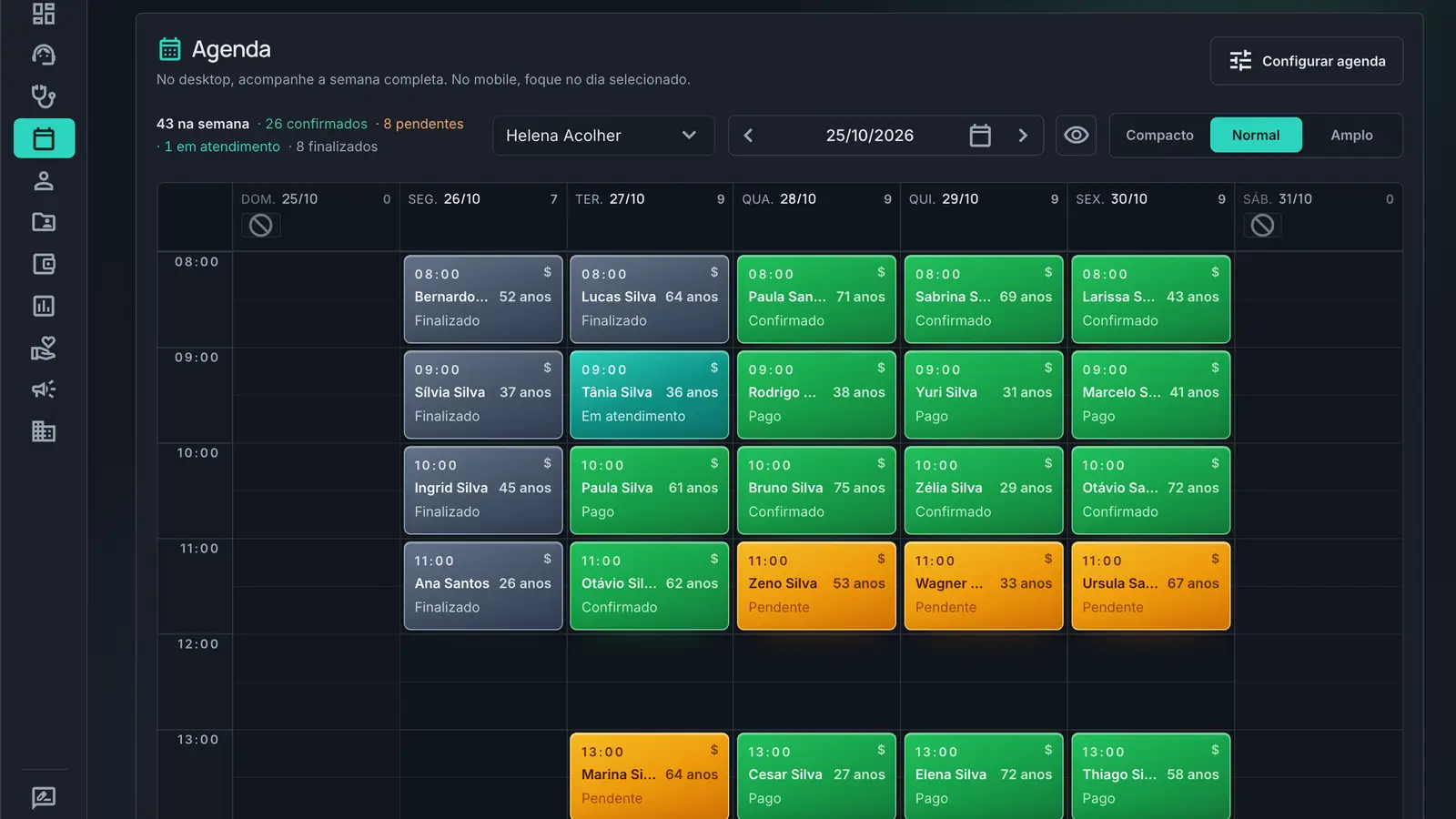 Agenda semanal de uma profissional no CliniDeck, com os atendimentos de cada dia e o status de cada um