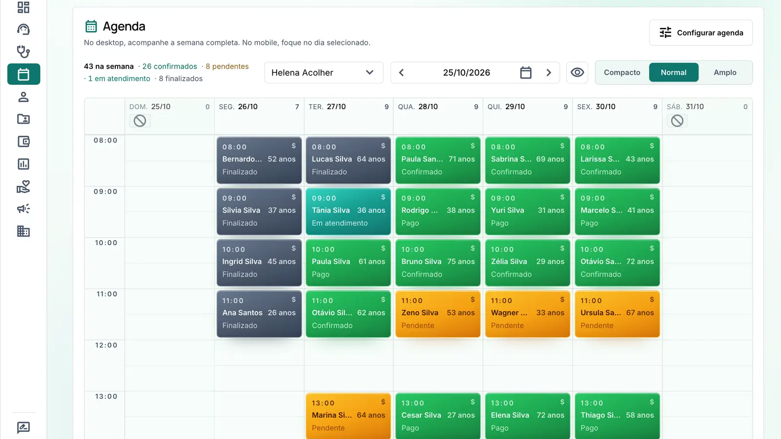 Agenda semanal de uma profissional no CliniDeck, com os atendimentos de cada dia e o status de cada um