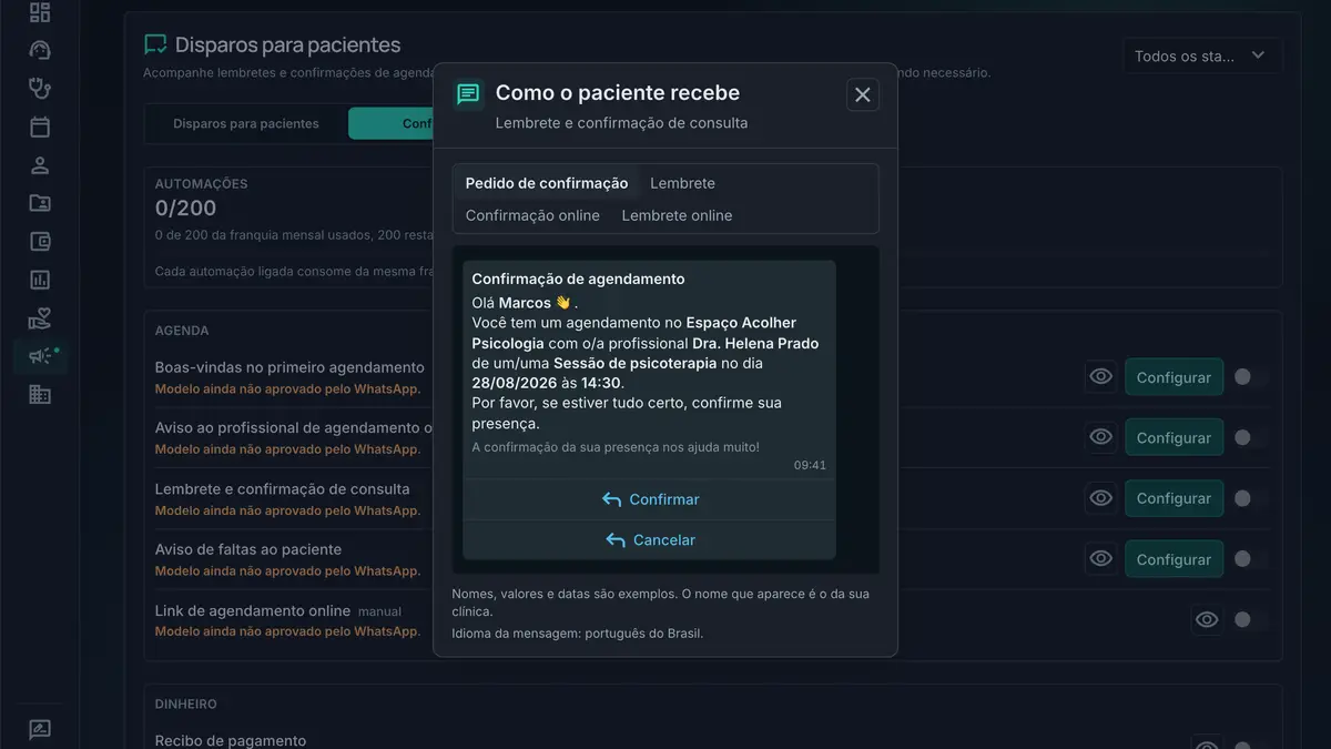 Prévia da mensagem de confirmação de consulta no WhatsApp, com os botões Confirmar e Cancelar