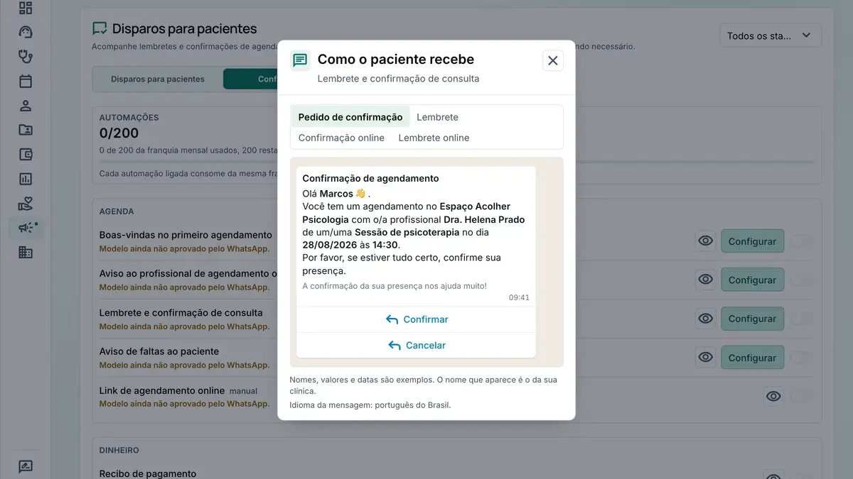 Prévia da mensagem de confirmação de consulta no WhatsApp, com os botões Confirmar e Cancelar